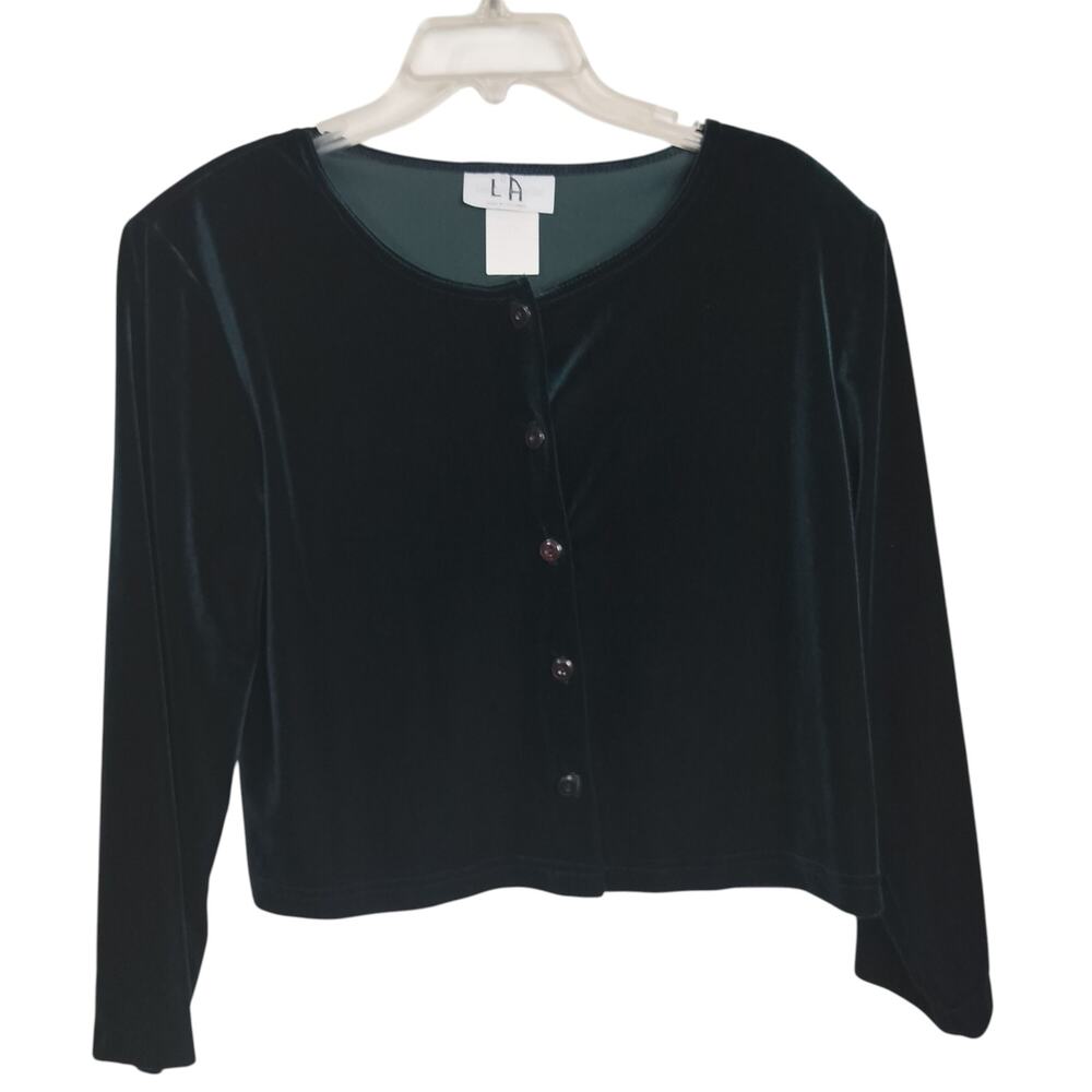 4068)Vtg Los Angeles Gal Velvet Green Long Sleeve Button Up Crew Neck Jacket 14